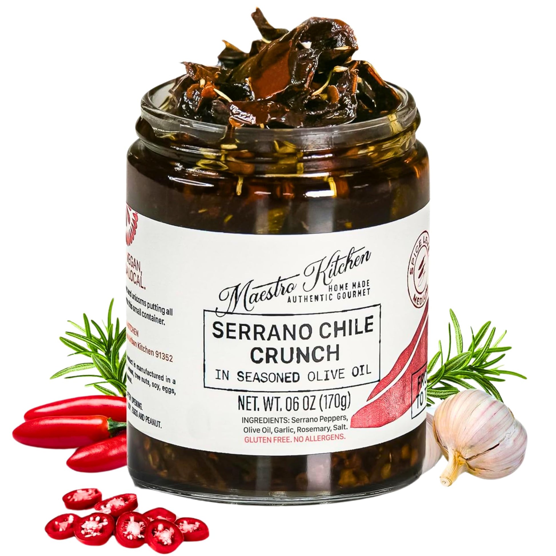 Spicy Serrano Pepper Chile Crunch Crisp 6oz - All Natural Chili Oil Hot Sauce w/ 100% Olive Oil, Garlic & Rosemary - Crunchy Mex