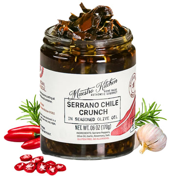 Spicy Serrano Pepper Chile Crunch Crisp 6oz - All Natural Chili Oil Hot Sauce w/ 100% Olive Oil, Garlic & Rosemary - Crunchy Mex