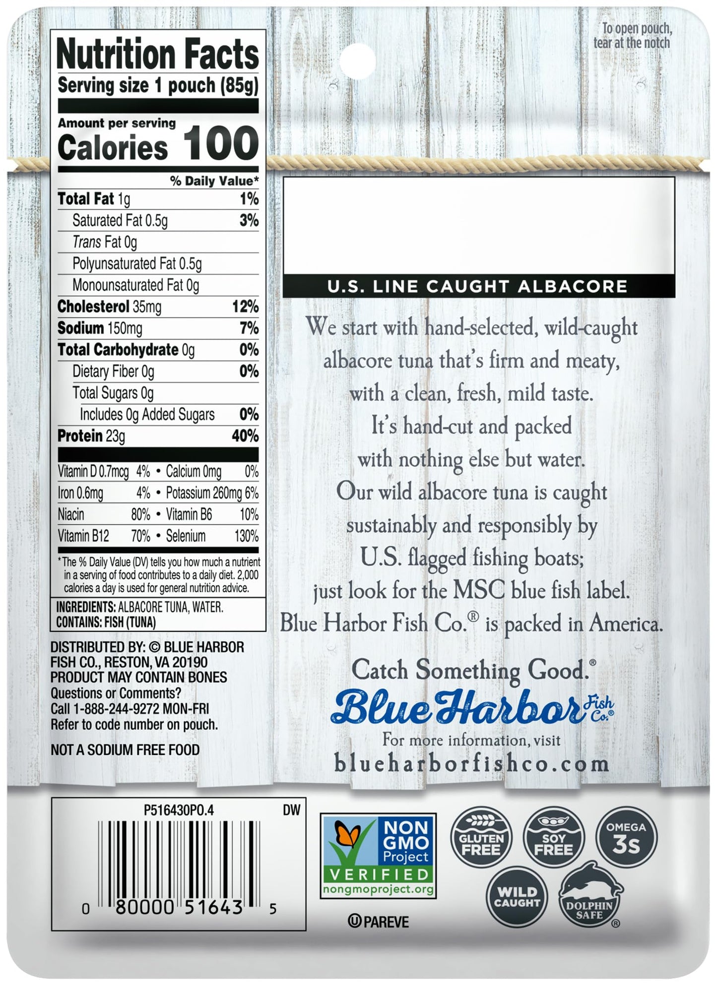 Blue Harbor Fish Co. Wild Albacore Tuna In Water No Salt Added - 3 Oz Pouch (Pack Of 12)