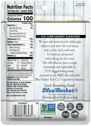 Blue Harbor Fish Co. Wild Albacore Tuna In Water No Salt Added - 3 Oz Pouch (Pack Of 12)