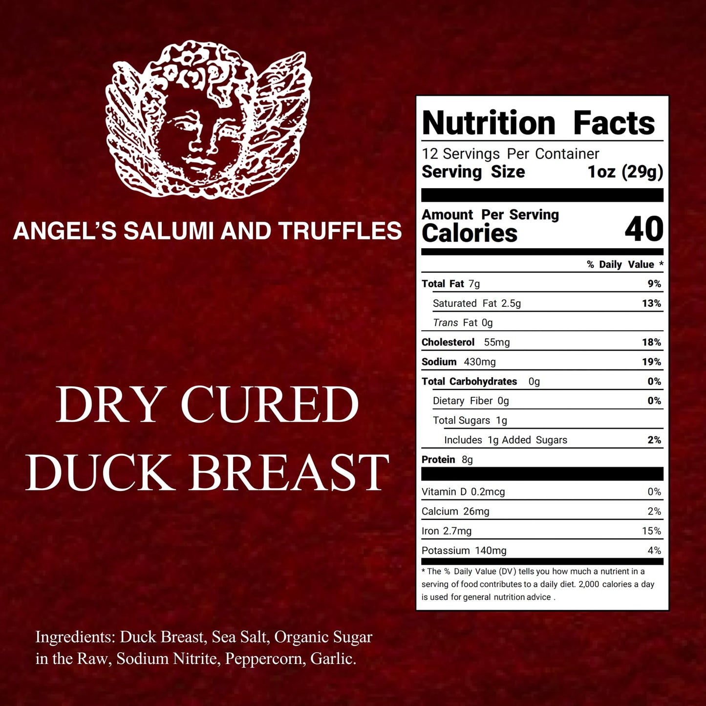 ANGELS SALUMI Dry-Cured Duck Breast Prosciutto – Gourmet Charcuterie, 10.5-12oz, Humanely Raised,    &  -Free