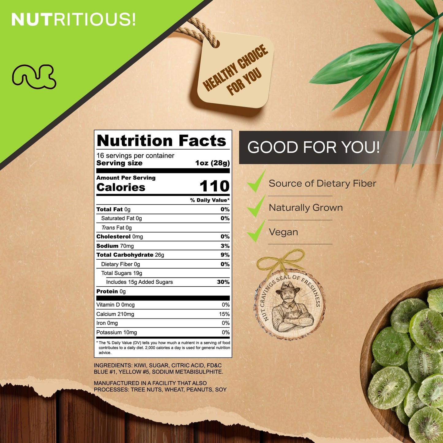 NUT CRAVINGS - Sun Dried Kiwi Slices, Lightly Sweetened (16oz, 1 LB) Bulk Dry Fruits Packed Fresh in Resealable Bag - Sweet Heal