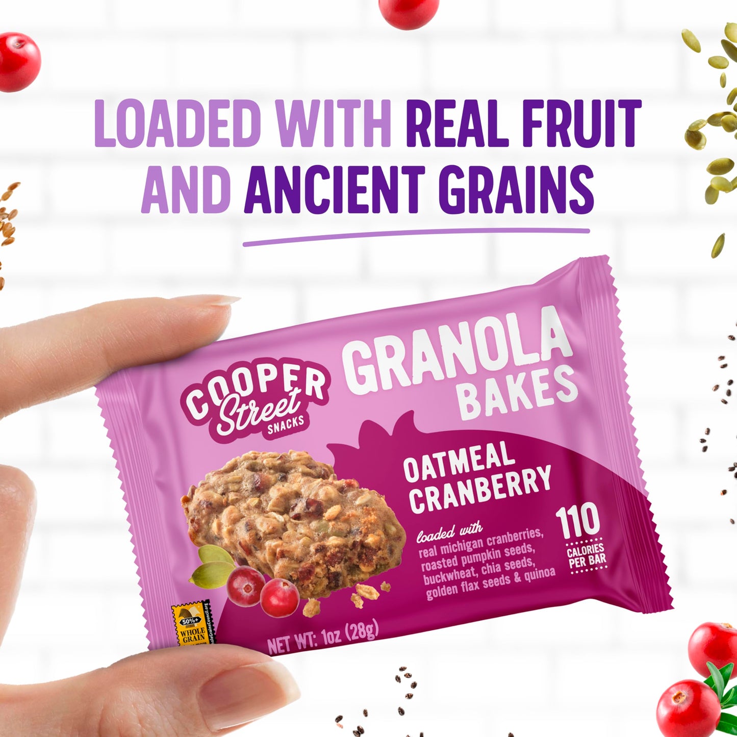 COOPER STREET Granola Cookie Bake Chewy Bars with Chia, Flax, Oats, 30 Count, Oatmeal Cranberry Flavor, Individually Wrapped