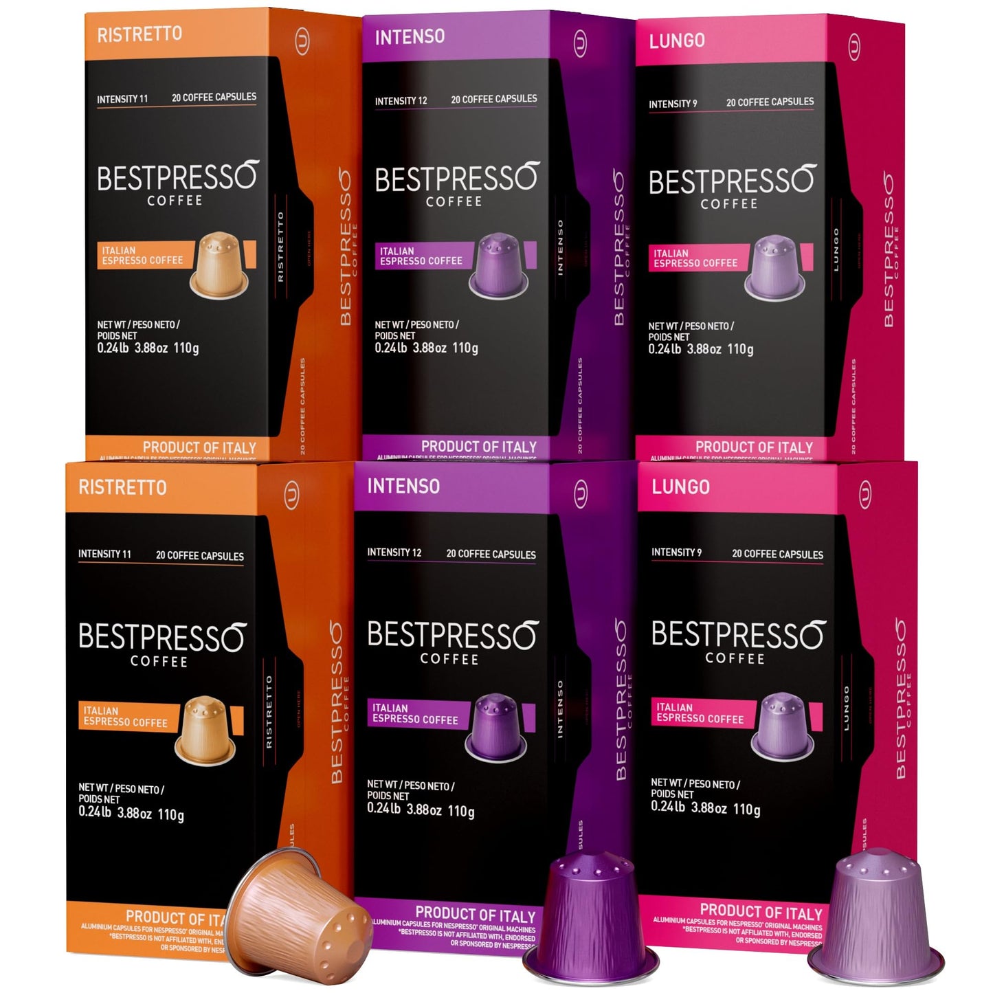 Bestpresso Coffee Pods for Nespresso Original Machine - Intense Variety Pack, 120 Aluminum Pods, 20 Count (Pack of 6)