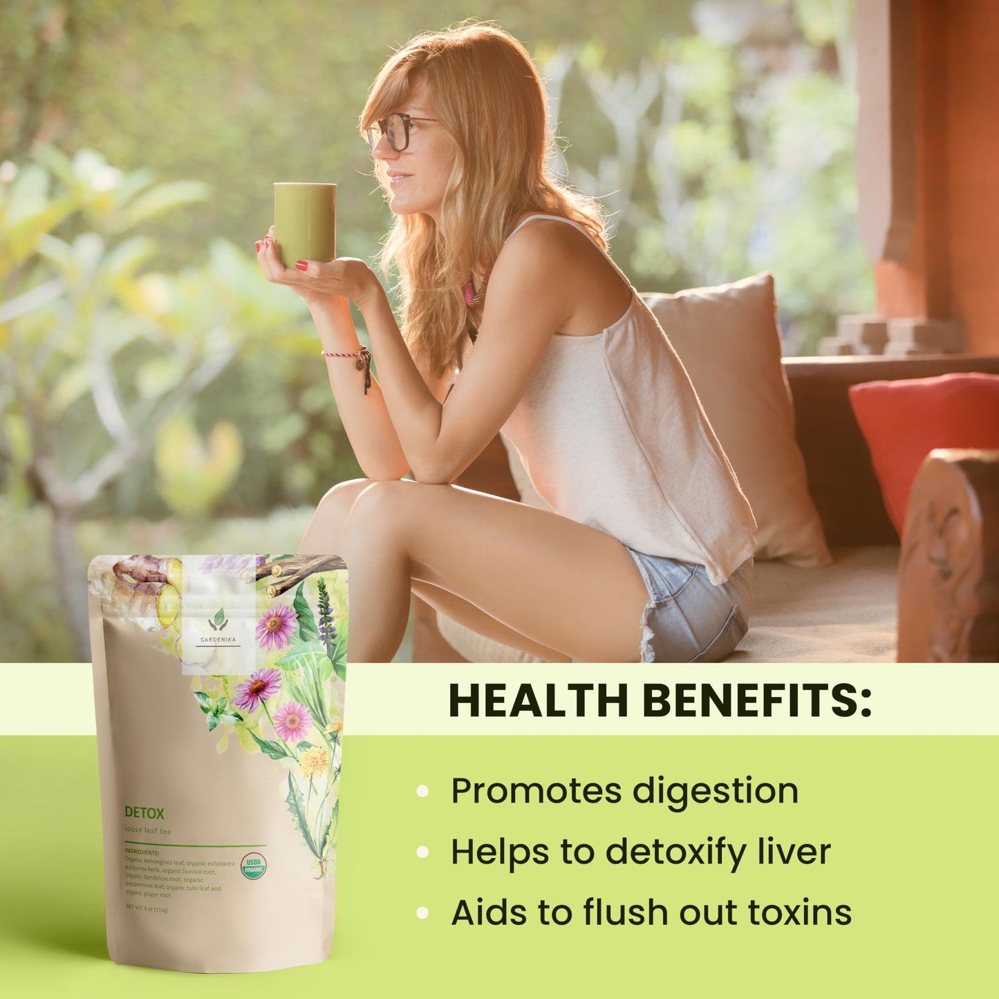 Gardenika Organic Dandelion Root Detox Tea, Herbal, Caffeine-Free, 4 oz, KSA Kosher, with Lemongrass, Peppermint, Echinacea