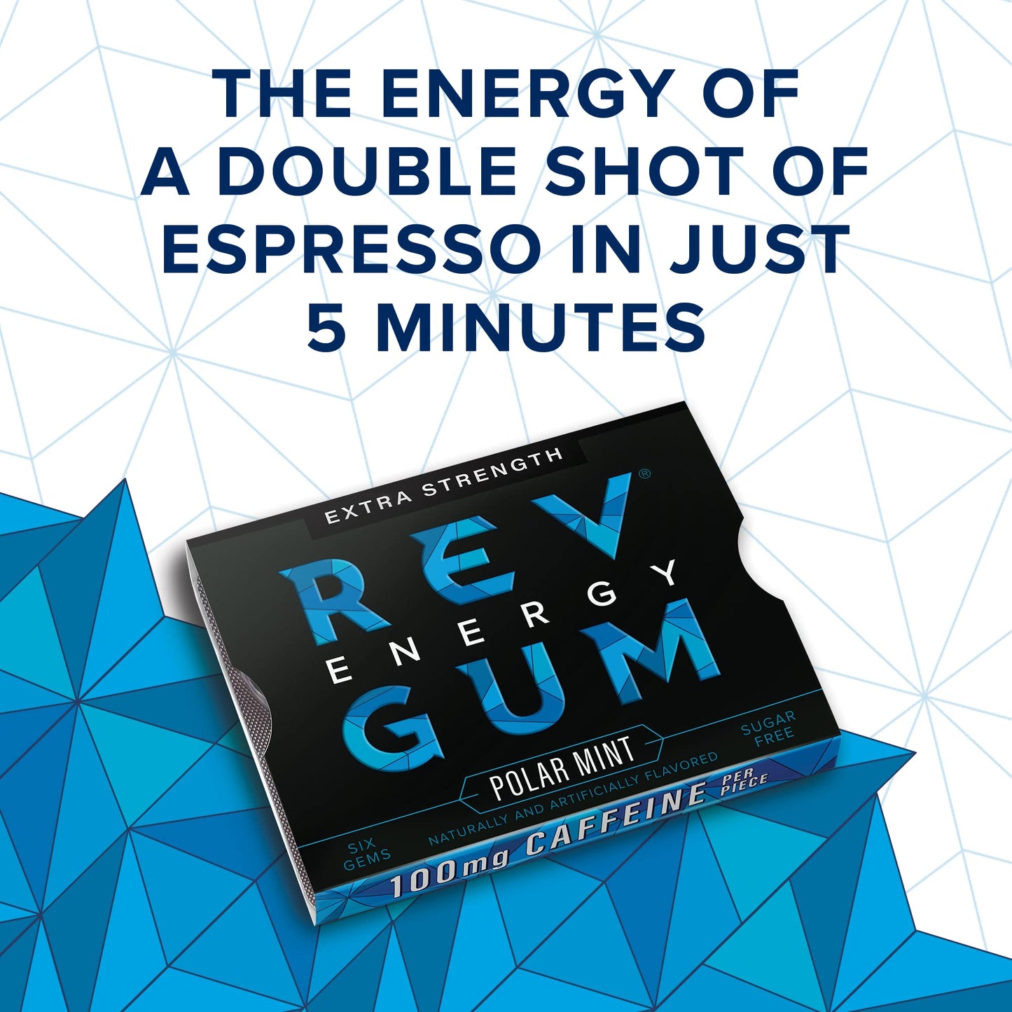 Rev Gum Caffeine Energy Gum | Extra Strength 100mg of Caffeine per Gem | Polar Mint Sugar Free Caffeine Gum - Low Calorie Chews to Help You Stay Alert  Awake and Focused - Mint Chewing Gum - 12 Packs