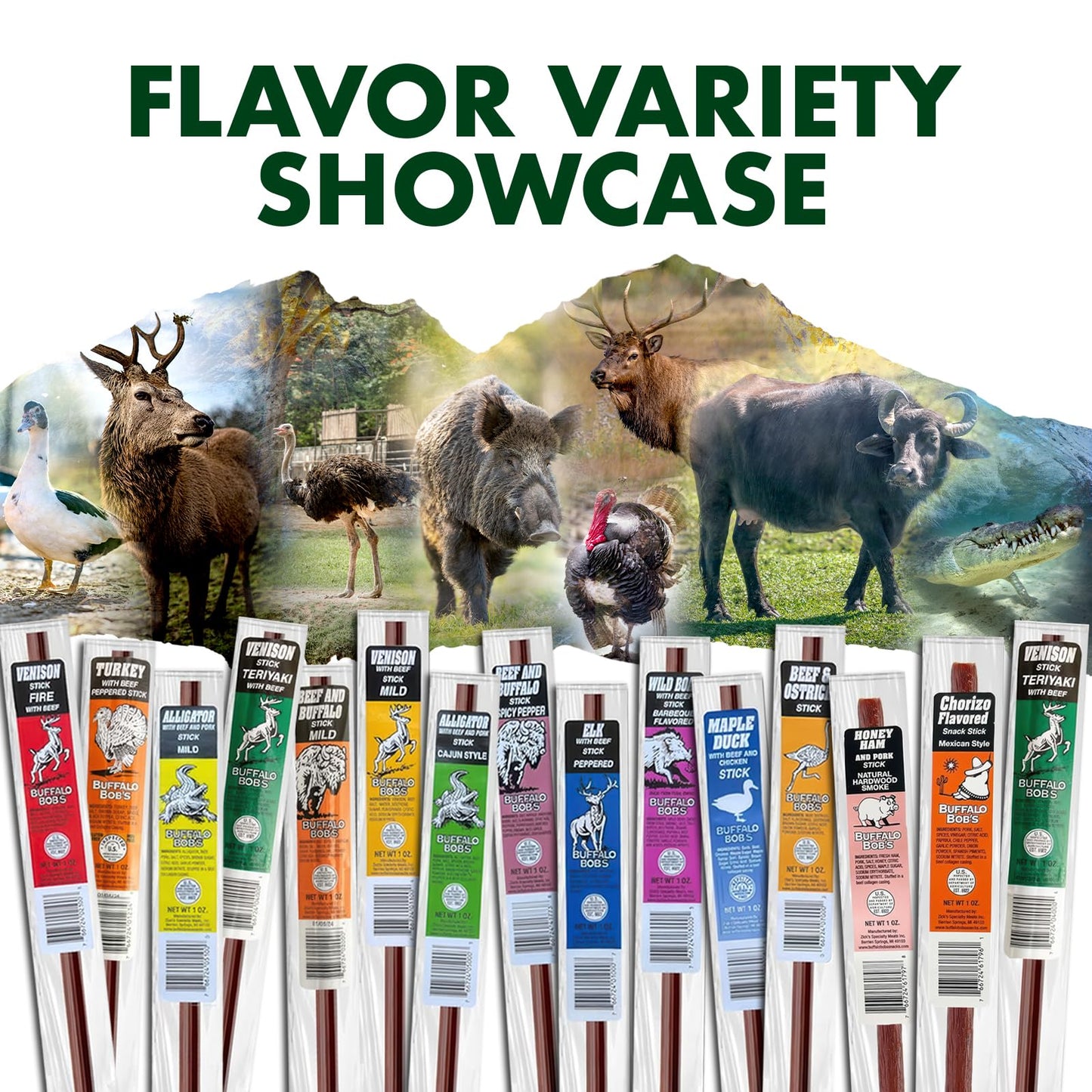 Buffalo Bobs Wild Game Meat Snacks (1oz Stick, 15 Pack) Exotic Variety Assortment Sampler, Gift for Men/Dad, Stocking Stuffer,