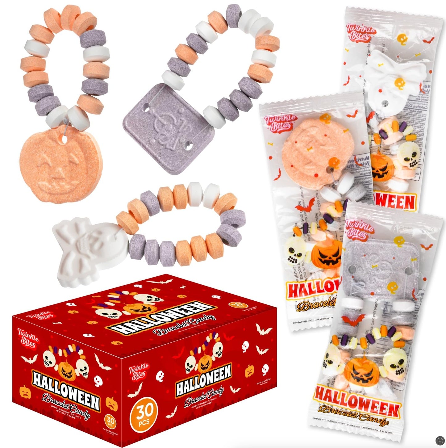 30 Pack Halloween Candy Bracelets - Individually Wrapped Holiday Themed Pumpkin And Skull Bracelets - Trick Or Treat Strawberry 