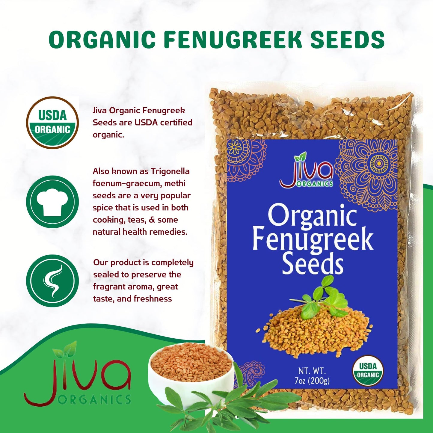 Jiva Organics Fenugreek Seeds - Organic, Non-GMO, Gluten Free, 7 Ounce - Methi Seeds for Cooking & Sprouting