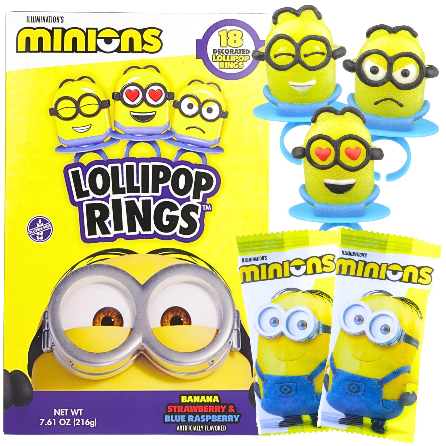 Minions Lollipop Rings, Individually Wrapped Candy for Birthday Party Favors, Assorted Flavors and Characters, 18 Suckers