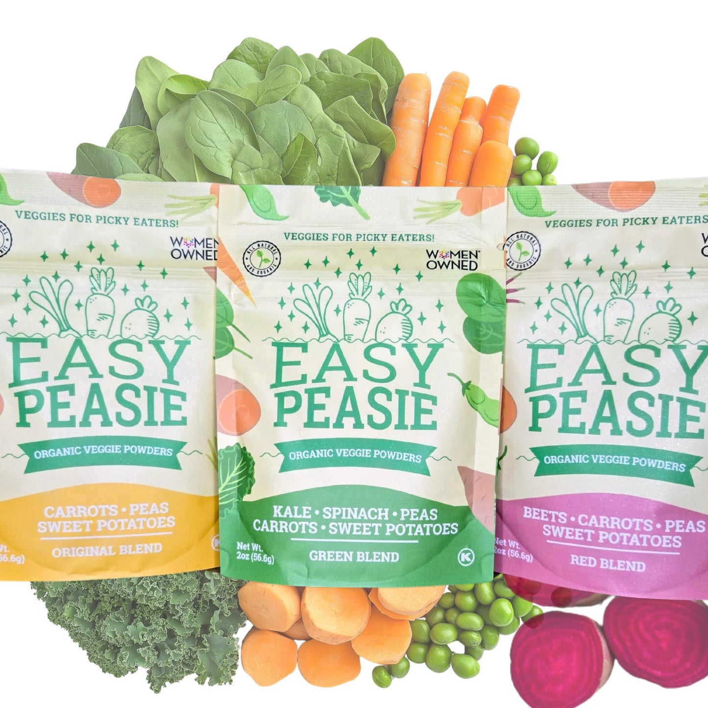 EasyPeasie Organic Veggie Powder Blends for Kids - 3-Pack (Green, Red, Original) - 2oz Each