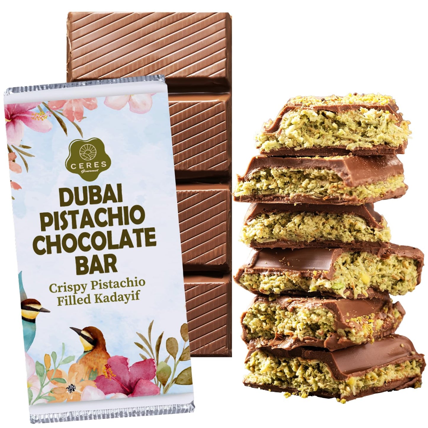 Dubai Chocolate Kunafa Pistachio Bar - 7oz | Handmade Luxury Dessert with Crunchy Kataifi & Creamy Pistachio Filling  Gift for Any Special Occasion