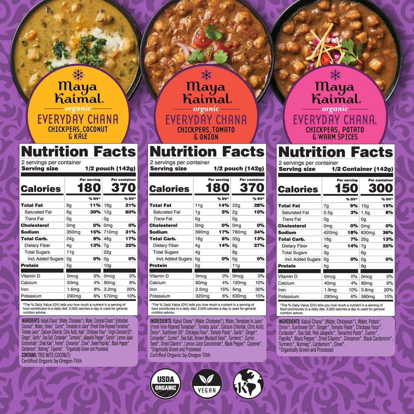 Maya Kaimal Organic Indian Chana Variety Pack - 10oz Fully Cooked Vegan Meals - Pack of 6