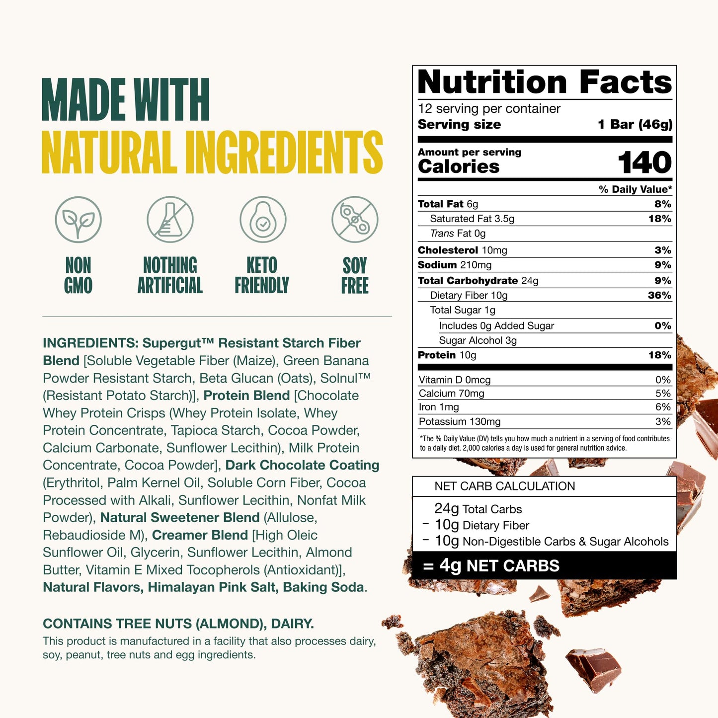 Supergut Glp-1 Boosting Prebiotic Bars, Chocolate Brownie - Gut Healthy Protein Snacks & Breakfast Bars - Keto-Friendly Meal Replacement Energy Bars (12 Count)