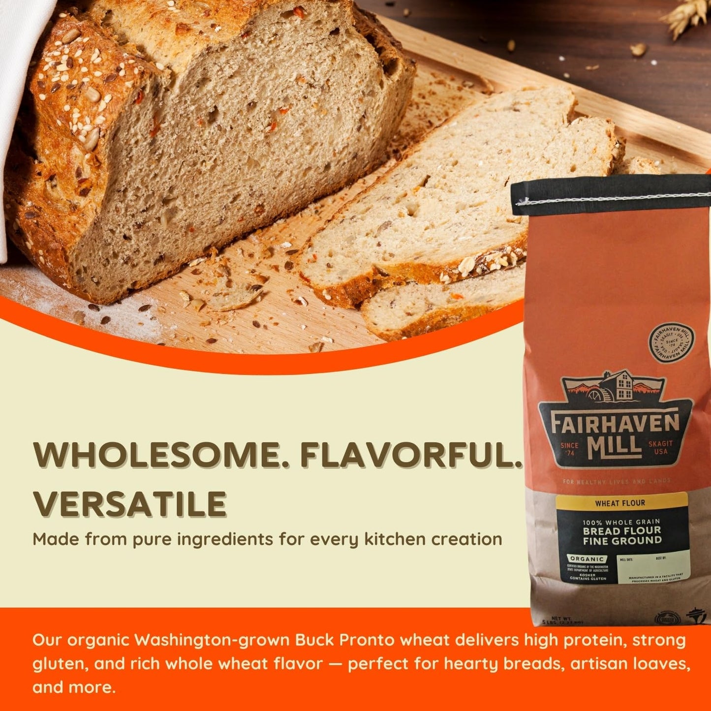 Fairhaven Mill Organic Whole Grain Bread Flour, High Protein, 80 Oz Bag