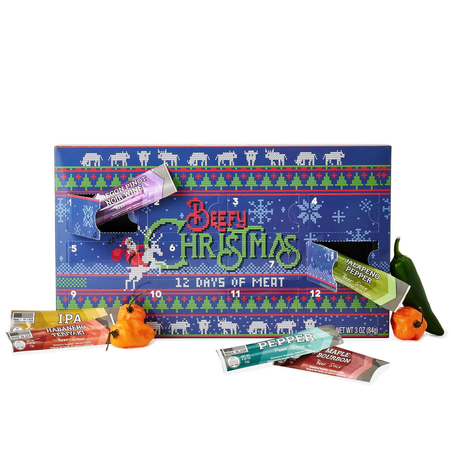 Man Crates  12 Days of Jerky Advent Calendar 2025 Featuring Ugly Christmas Sweater Artwork - Includes 12 Delicious Bites of Beef Jerky - Festive Flavors Like Habanero  Maple spirit-inspired flavor & More