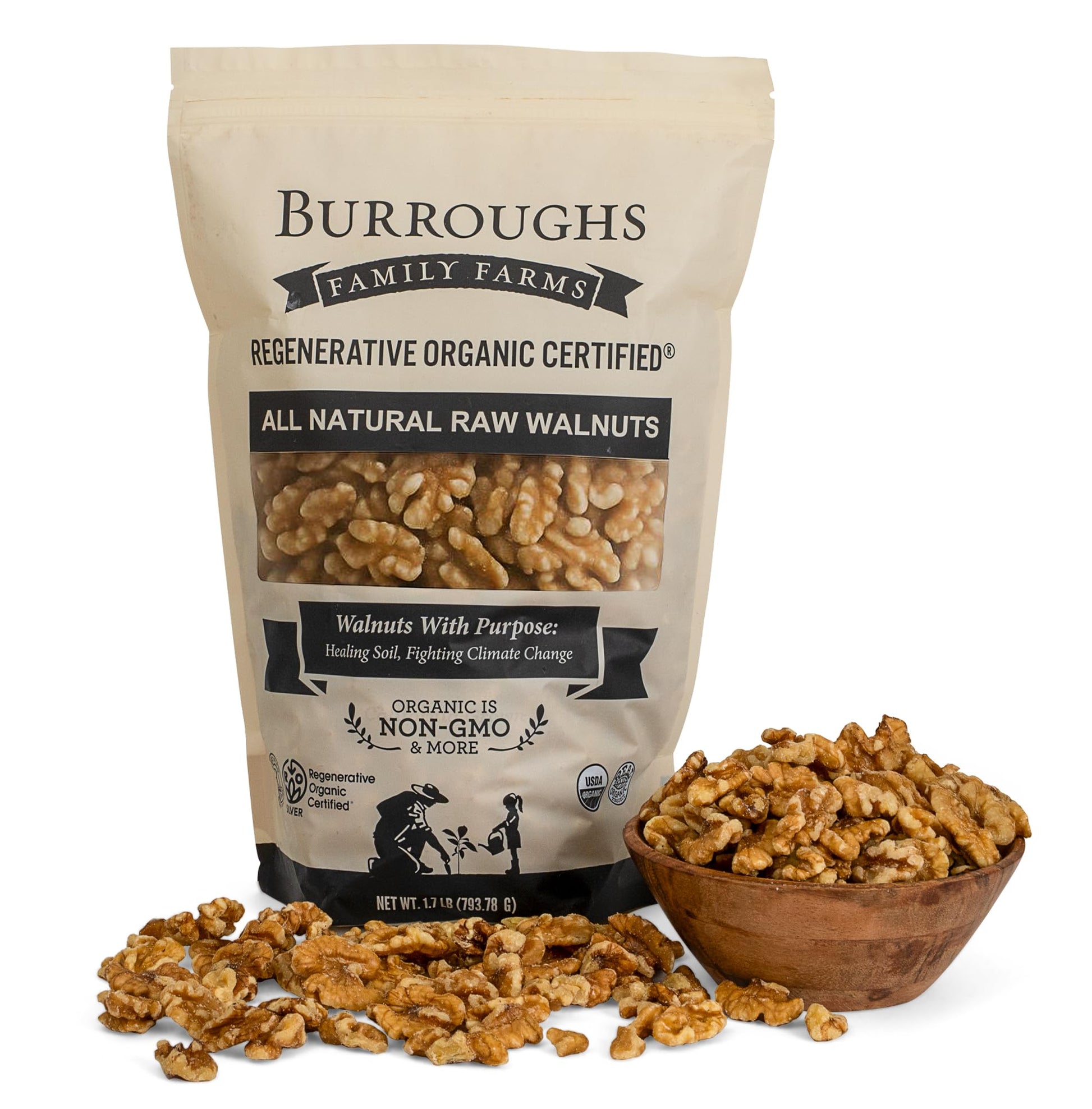 Organic Raw Walnuts Halves & Pieces 1.7lb - Unpasteurized  Regeneratively Grown in California - Whole  Fresh  Unsalted - Plant-Based Omega-3s