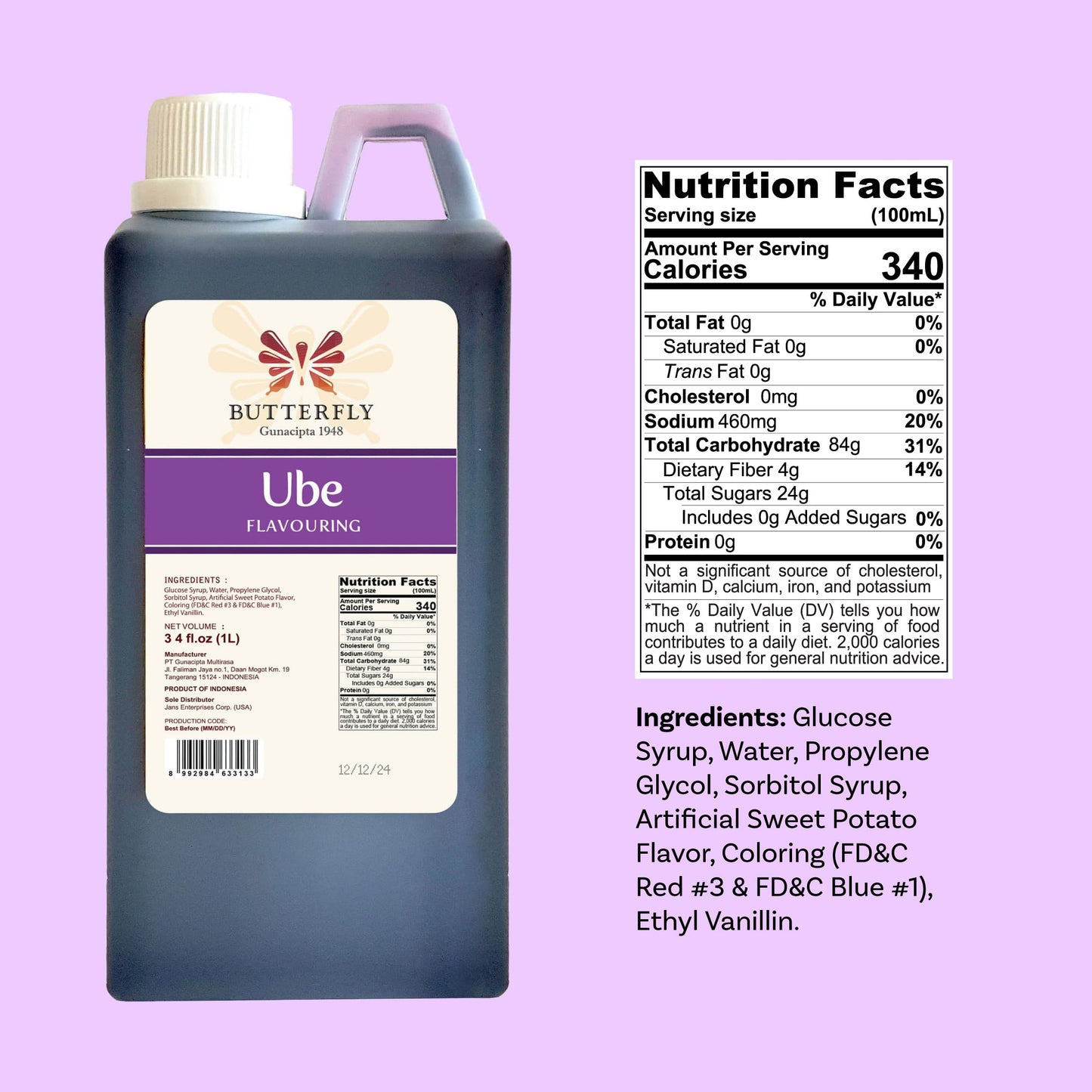 Ube Purple Yam Flavoring Extract Restaurant Size By Butterfly 1 Liter, 34 Fl. Ounce