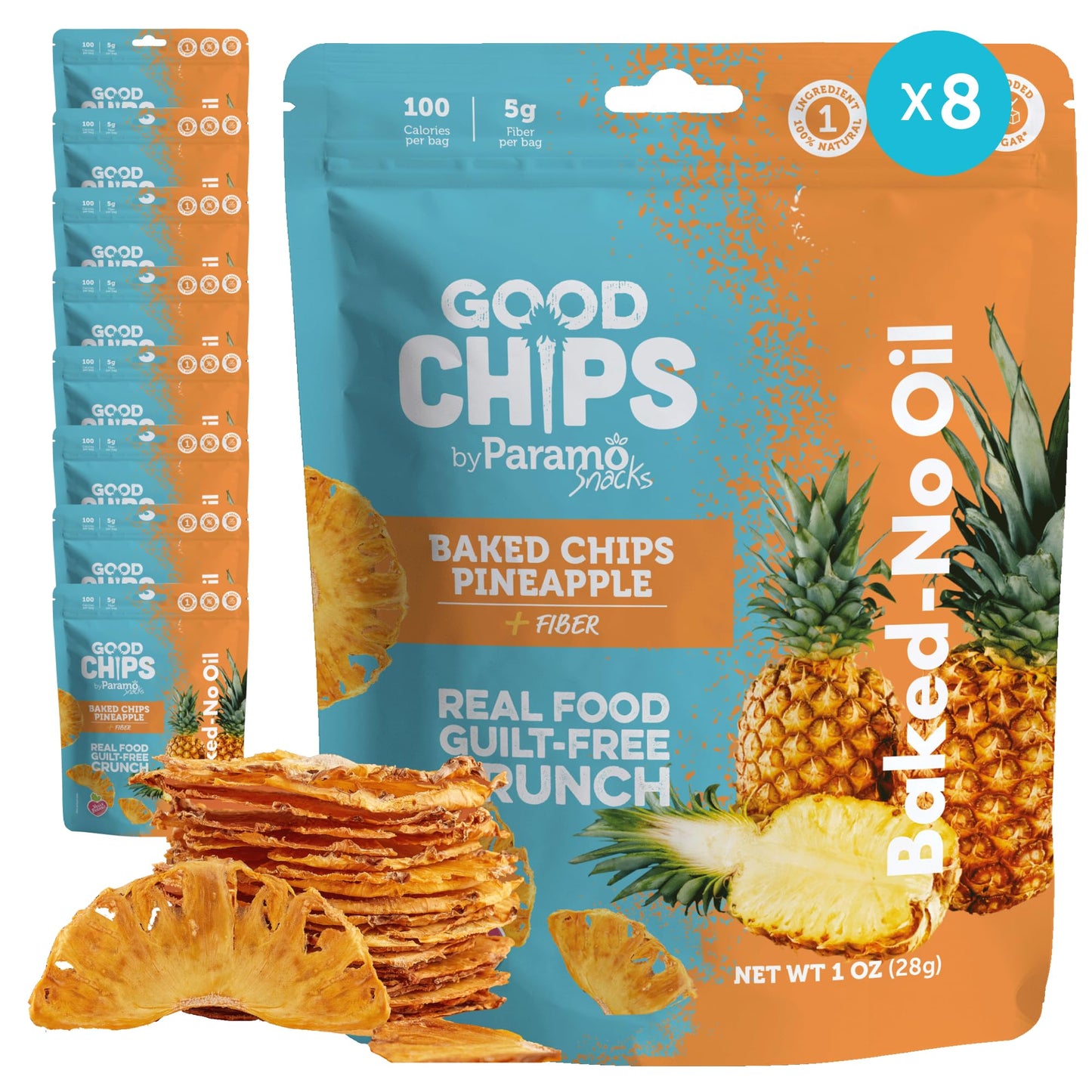Good Chips Baked Crunchy Pineapple - Crispy, Oil Free, Healthy, Naturally Sweet Dried Fruit Snacks - 1 oz - Pack of 8