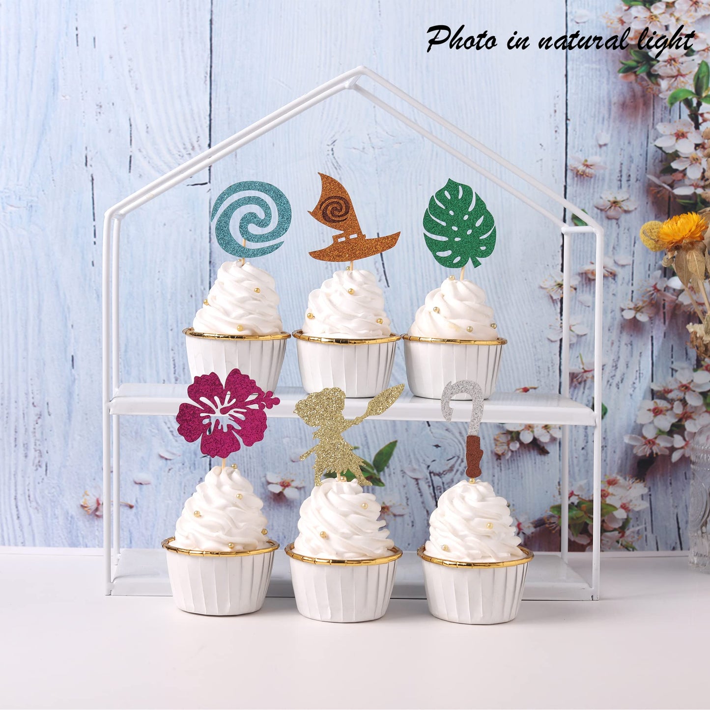 24 Pcs Moana Inspired Cupcake Toppers Assembled Glitter Palm Leaf Flower Moana Cupcake Picks For Tropical Hawaiian Luau Theme Ba
