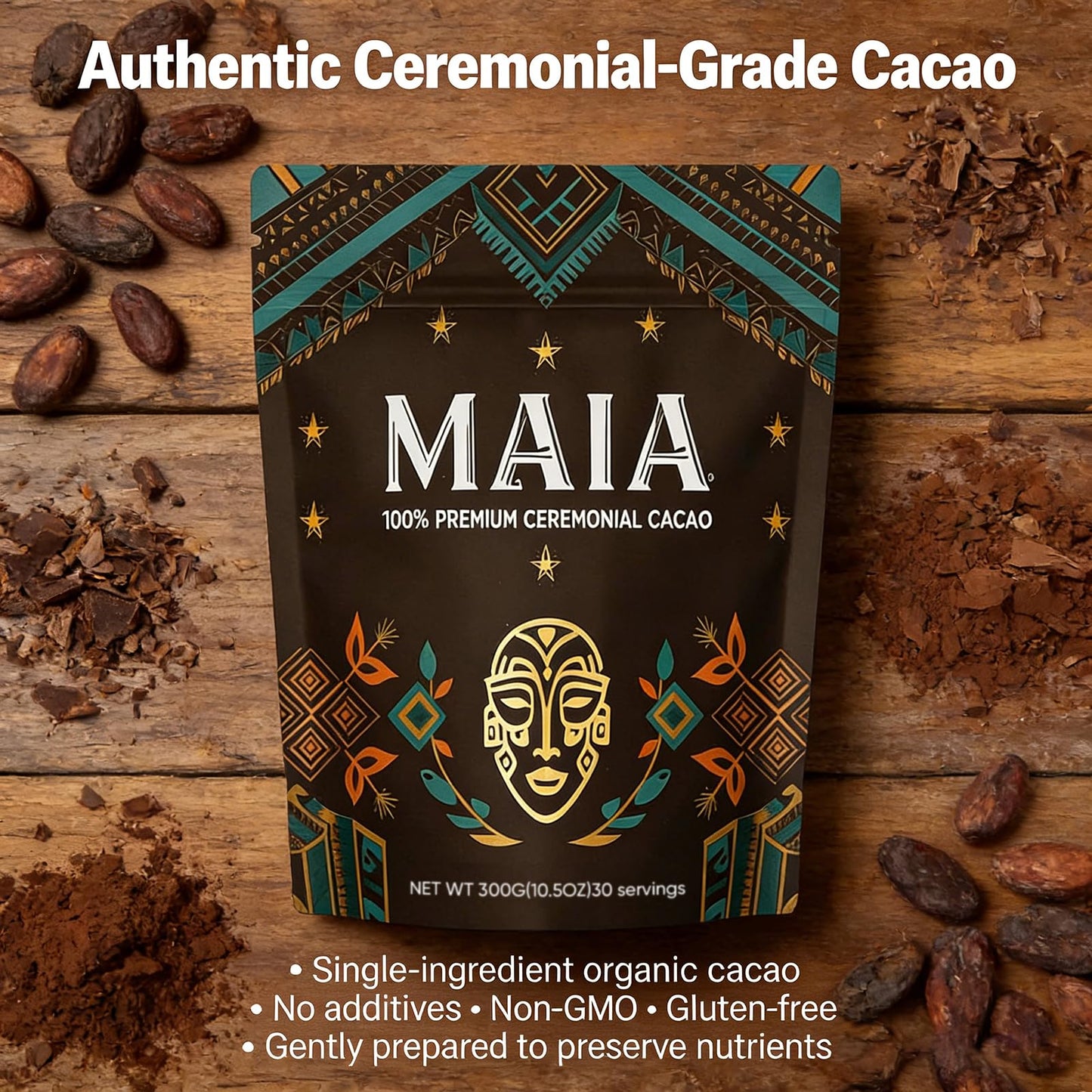 Maia Ceremonial Cacao - 100% Pure Natural  Enhanced with Flavanol  Theobromine  Magnesium & Natural Flavonoids Blend  For Mental Clarity  Focus  Energy Boost & Mood Elevation  Zero Sugar  Non-GMO  Vegan