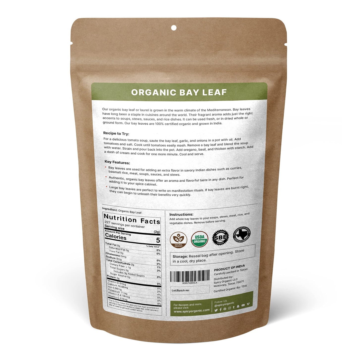 Spicy Organic Bay Leaf (Indian Tej Patta)- 100% Pure Usda Organic - Non-Gmo, Gluten-Free - Comes In A Resealable Pack - Non-Irra