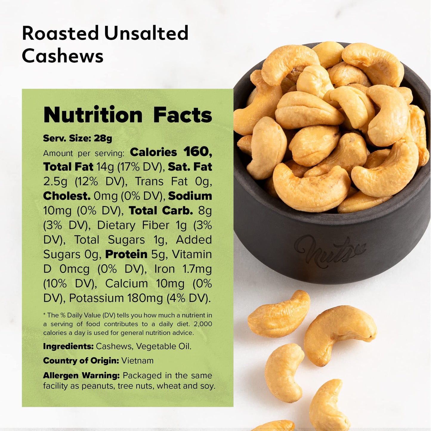NUTS - U.S. Roasted Unsalted Cashews, Whole Kernels & Pieces, 1 LB