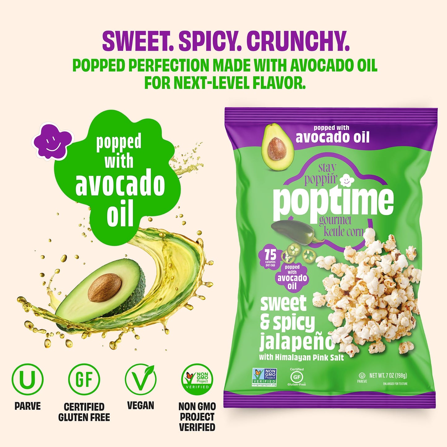 Poptime Popcorn Snack Bags - Sweet & Spicy Jalapeno & Himalayan Pink Salt Kettle Corn Popcorn Bags, Healthy Snack With Avocado O