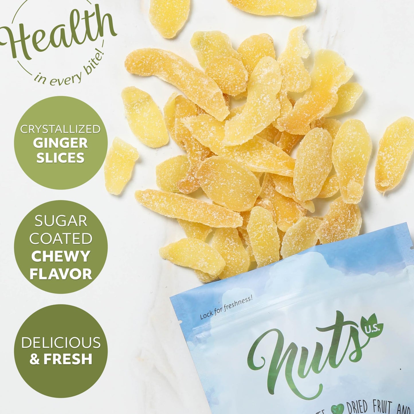 NUTS U.S. Dried Crystallized Ginger Slices, Resealable Bag, 1 LB