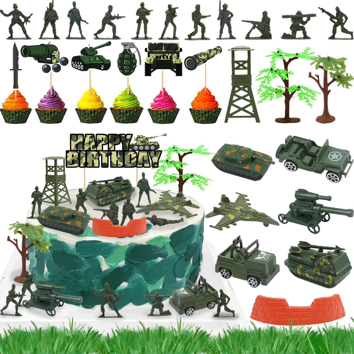 35Pcs Camo Cake Cupcake Toppers Camouflage Cake Decorations Army Military Party Supplies With Camo Happy Birthday Cake Topper Ar