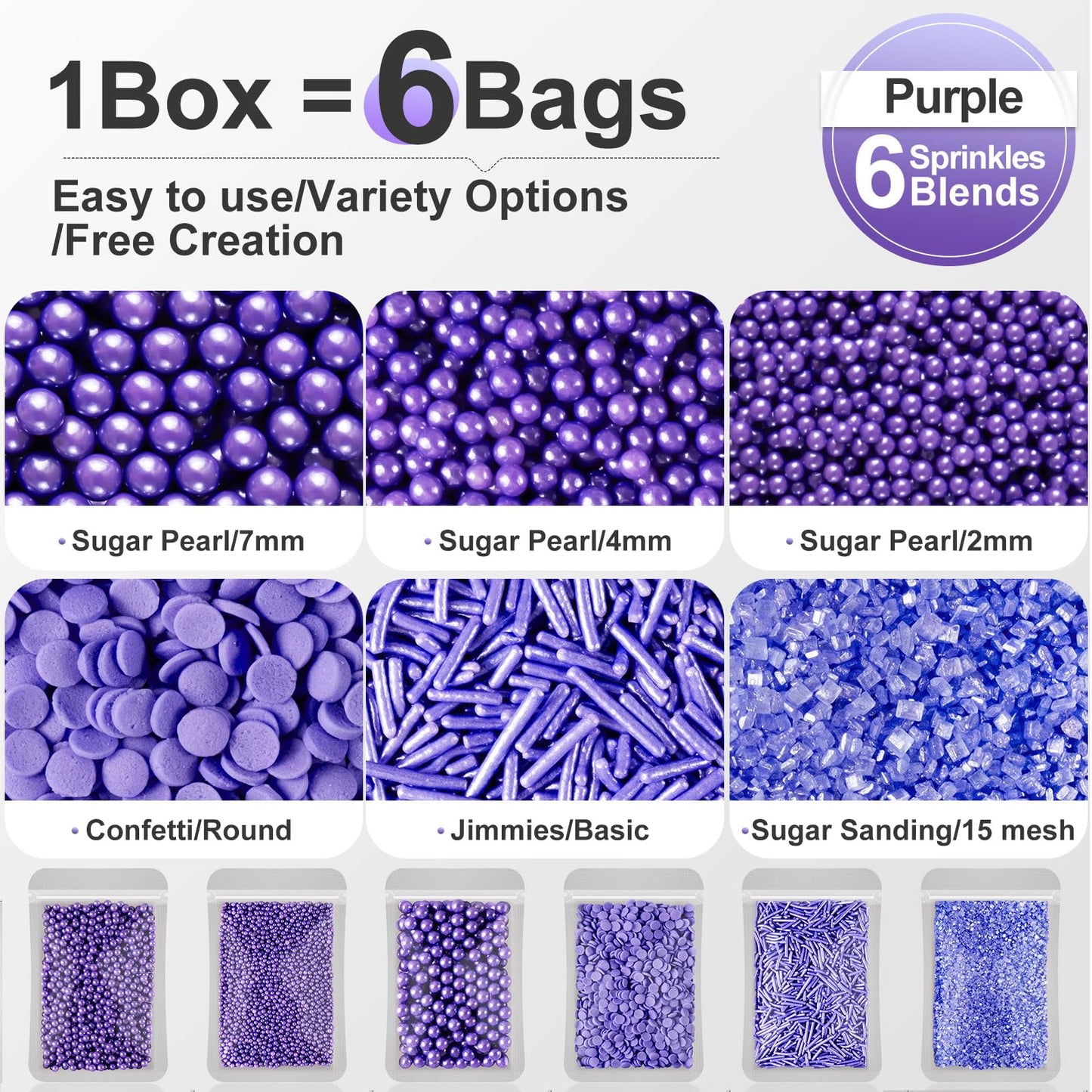 HUEBEATY 6-in-1 Purple Edible Pearls Sprinkles, Sanding Sugar for Cake Decorating, Cupcakes, Cookies & Ice Cream - 180g, Edible