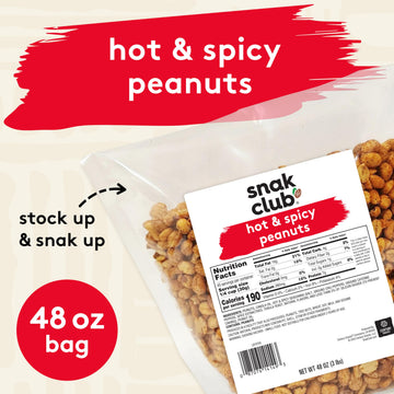 Snak Club Hot and Spicy Peanuts, Chili and Cayenne Pepper Seasoned Nuts, Gluten-Free and Kosher Snack, 3 lb Bulk Bag