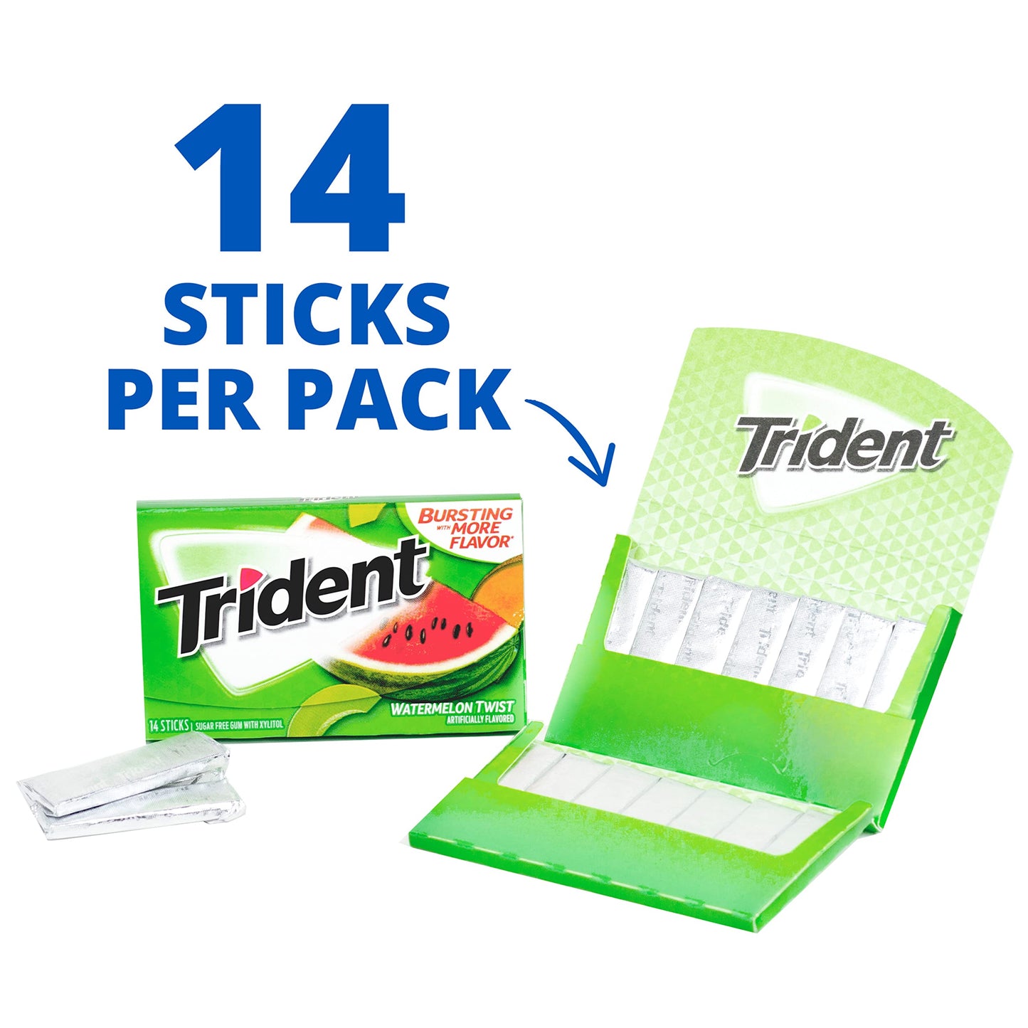Trident Sugar-Free Chewing Gum, Watermelon Twist, 14 Pieces per Pack, 12 Packs, Total 168 Pieces