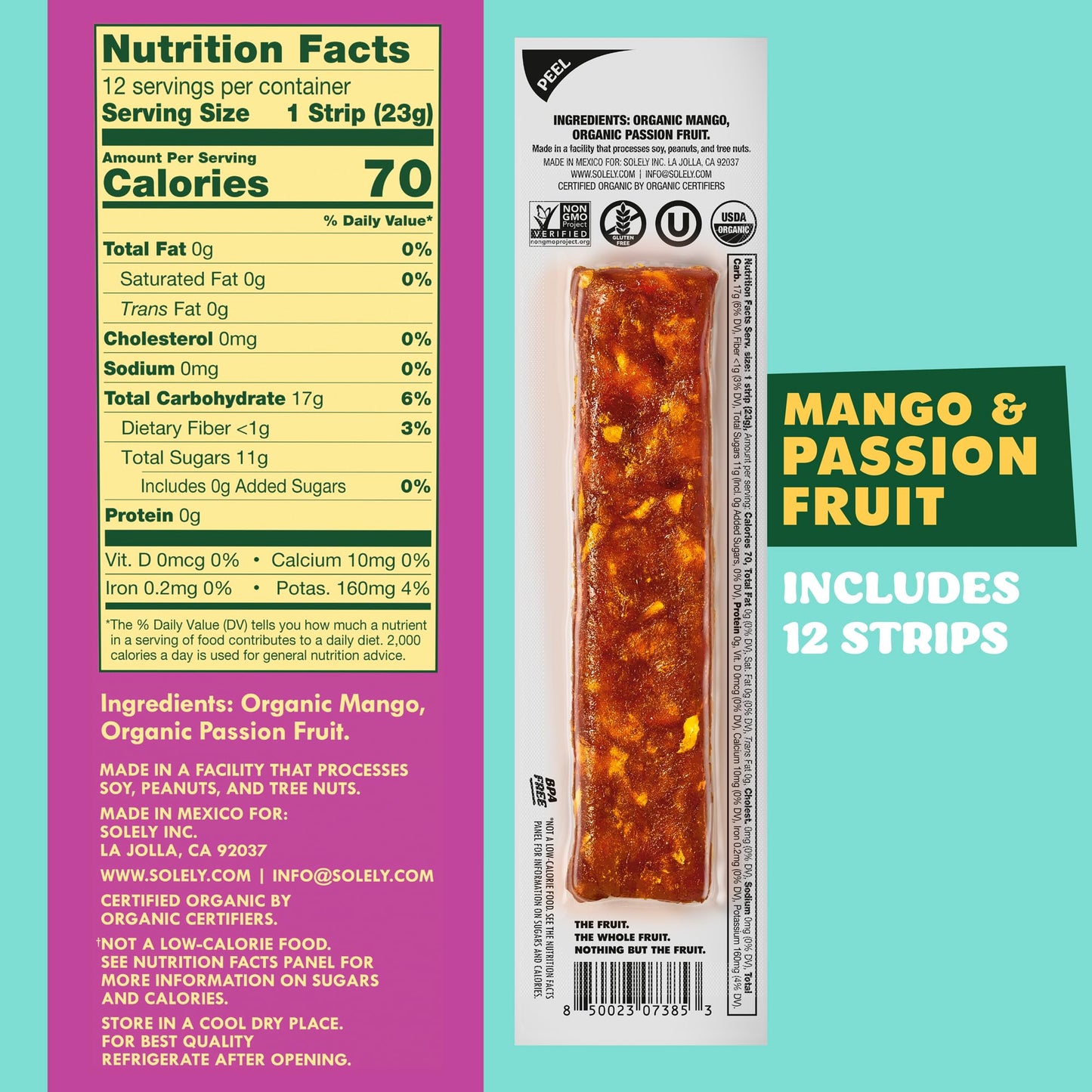 Solely - Organic Mango Passion Fruit Jerky - 12 Individually Wrapped Strips - Fruit Leather Made From Dried Fruit - Healthy Snac