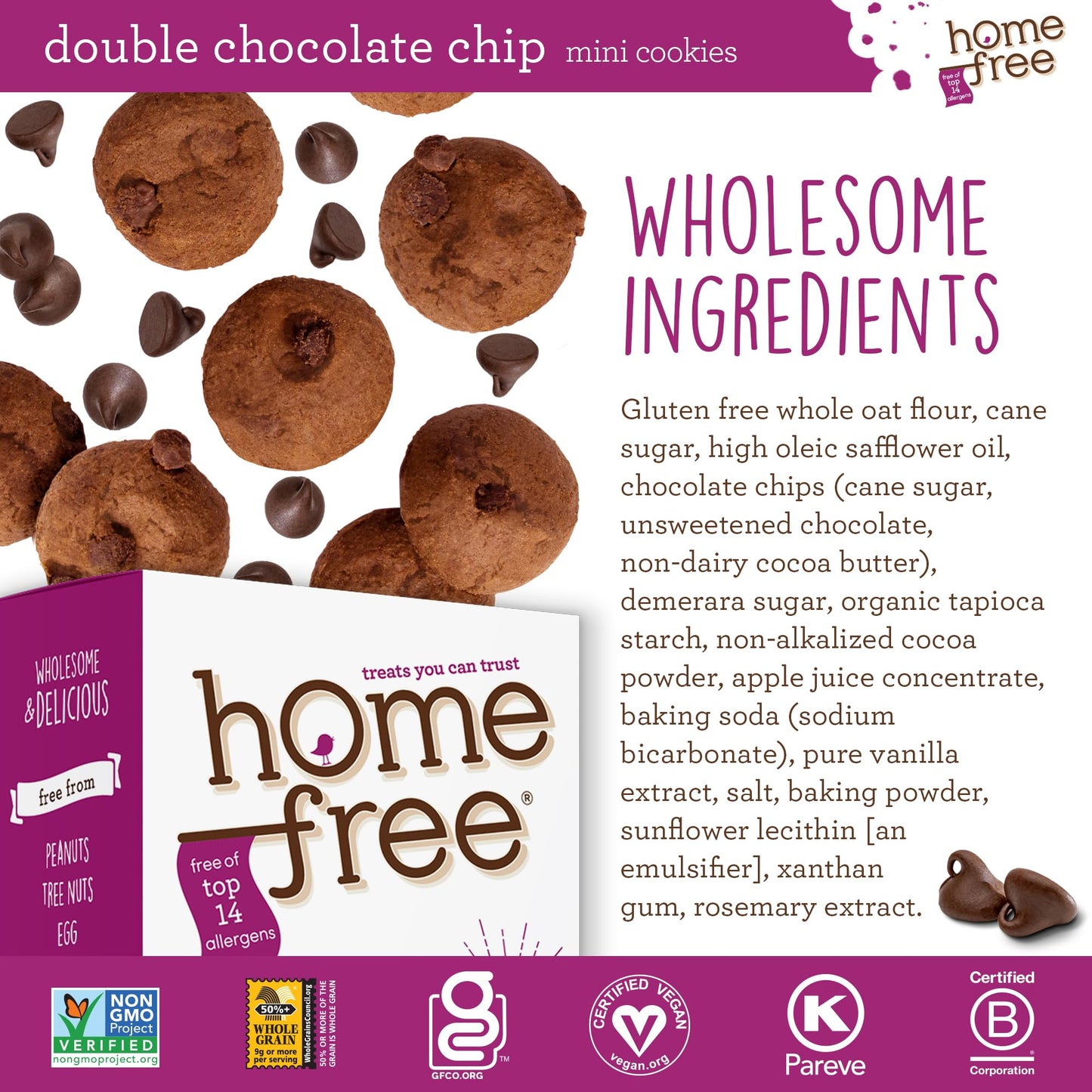 Homefree Mini Double Chocolate Chip Cookie Box, Gluten Free, Nut Free, Vegan, School Safe and Allergy Friendly Snack, 5 oz. Box
