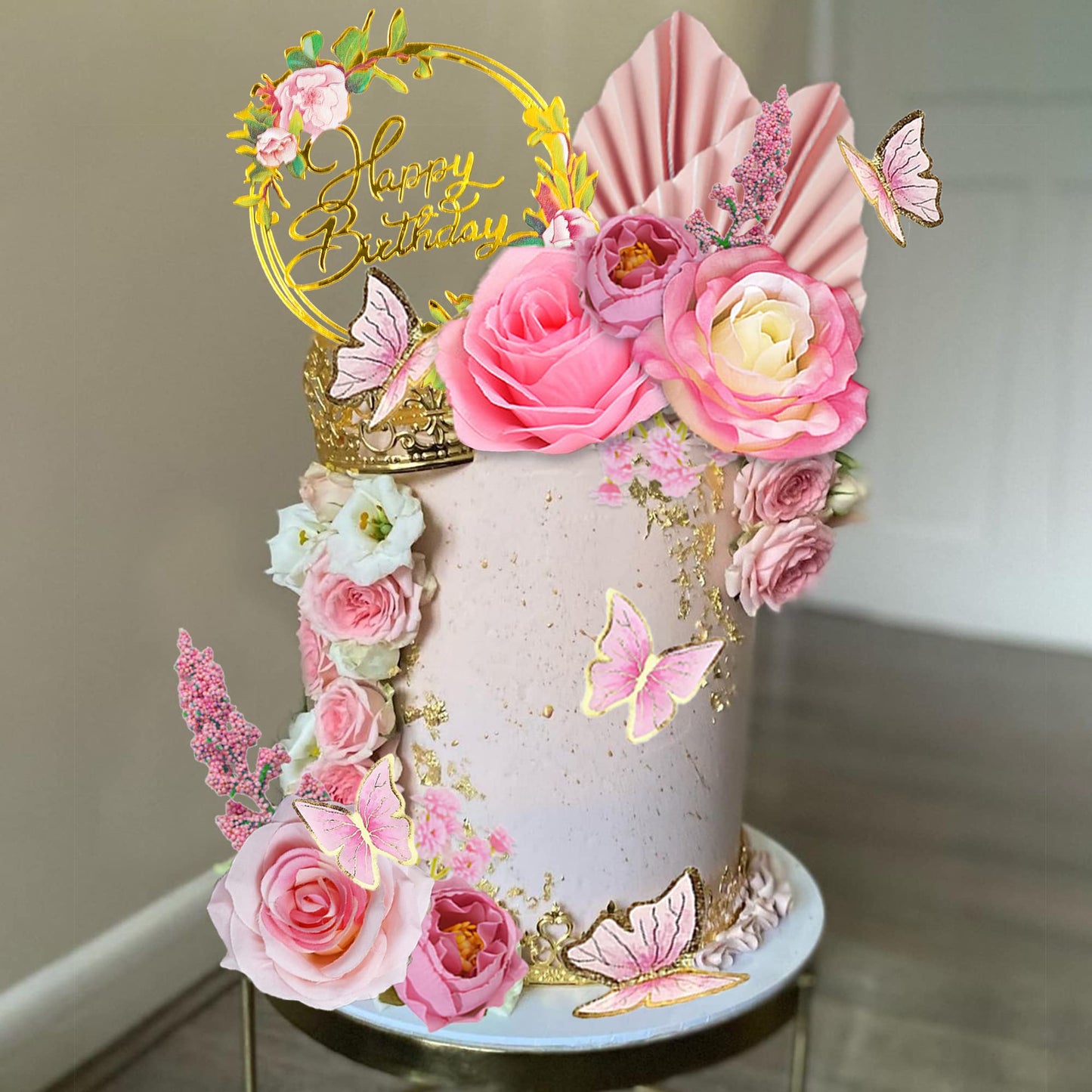 17 Pcs Flower Cake Toppers Boho Cake Toppers Butterfly Cake Decorations With Light Artificial Roses Eucalyptus And Butterflies F