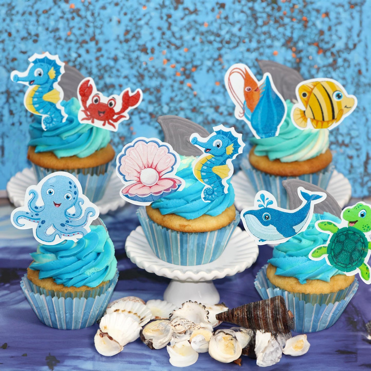 Gyufise 56Pcs Edible Ocean Animal Cupcake Toppers Sea Ocean Theme Birthday Cake Decorations Turtles Octopus Seahorse Cupcake Pic