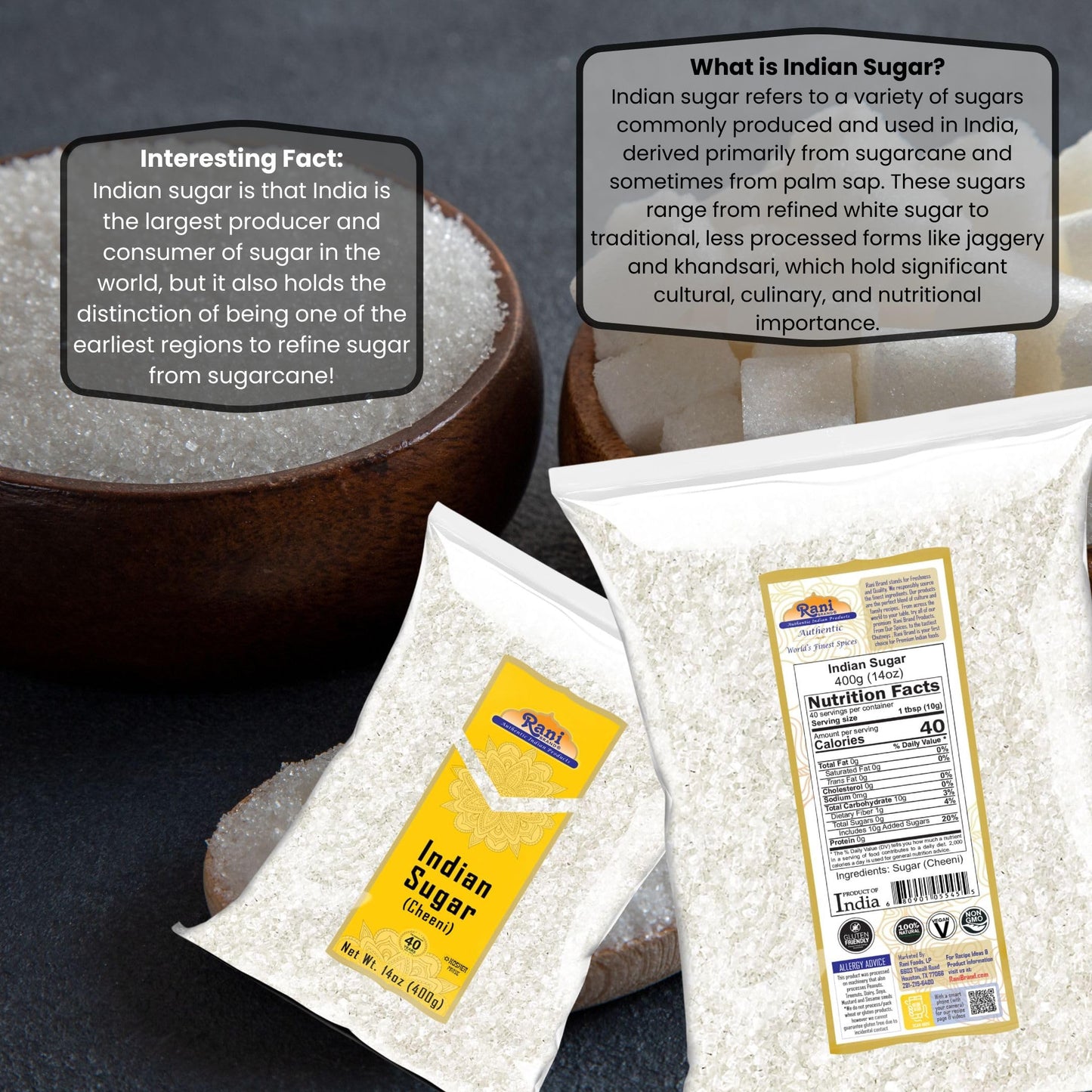 Rani Indian Sugar Khand (Khandsari) 14oz - All Natural, Gluten Friendly, Vegan, Indian Origin