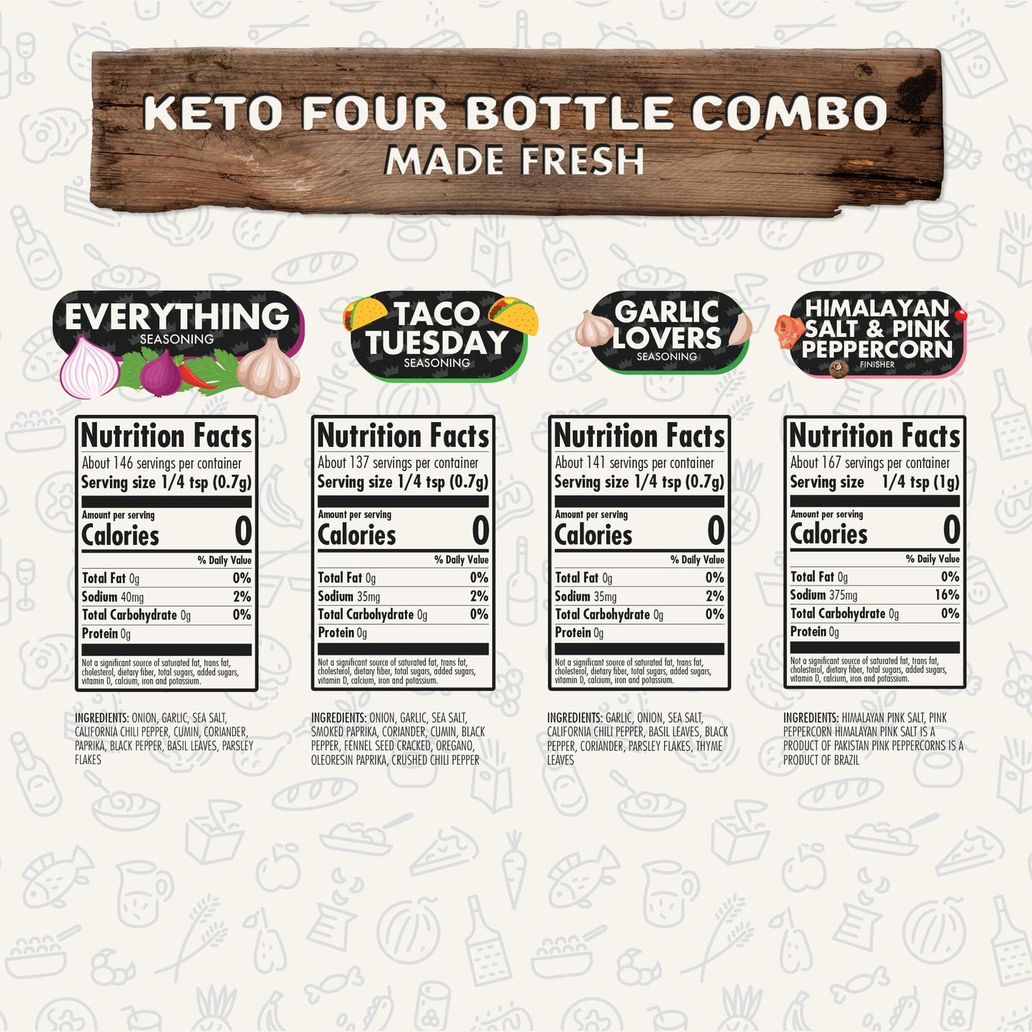 Flavor God Keto Combo Herb & Spice Gift Pack, 4 Natural Seasonings for Chicken, Beef, Seafood, & Vegetables, Model 1AFN-CP-KTO-4EVGLTTH