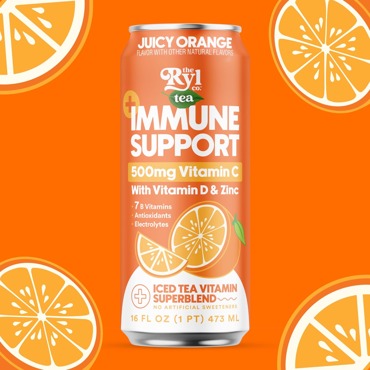 The Ryl Co Ryl Immune Support Iced Tea, Juicy Orange, 500mg Vitamin C, Zero Sugar, 16 Fl Oz (12-Pack)