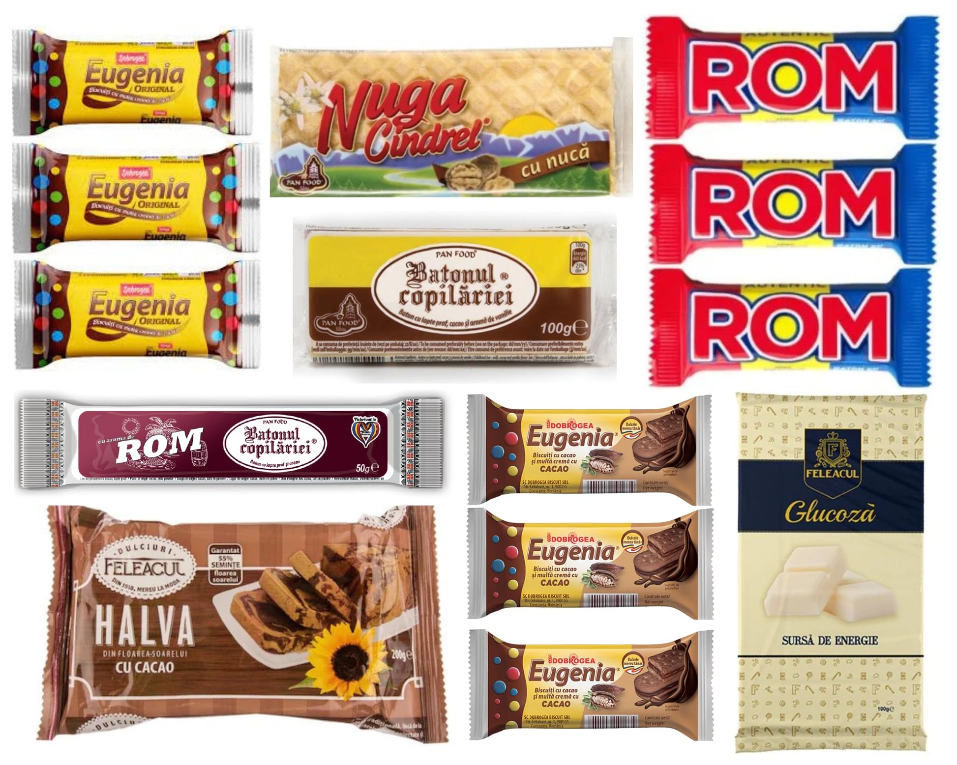 Romanian Sweet Snacks Variety Pack| Eugenia Original Biscuit, Nougat Candy, Batonul Copilariei, ROM Chocolate Bars, Childhood Ba