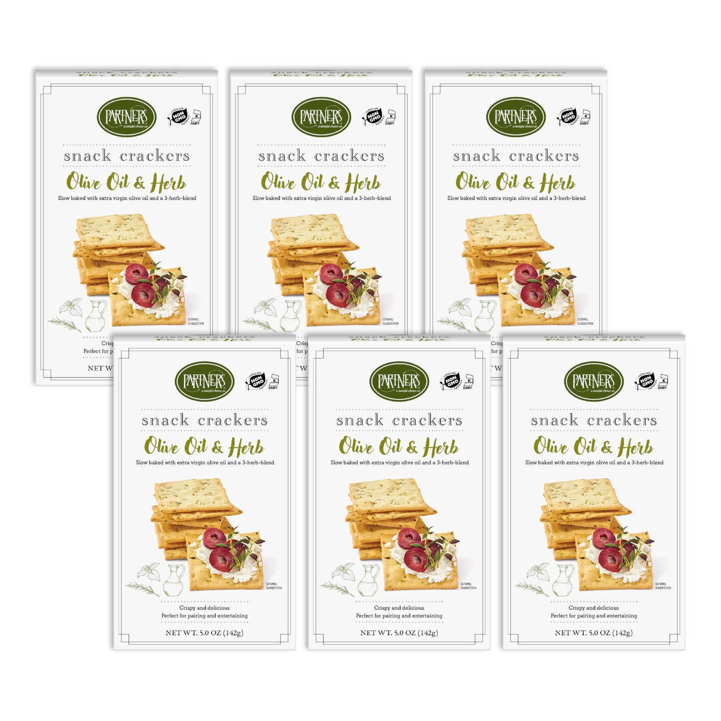 Partners Snack Crackers, Olive Oil & Herb, 5 Ounce (Pack of 6), Made with Real Ingredients, Non-GMO, Kosher