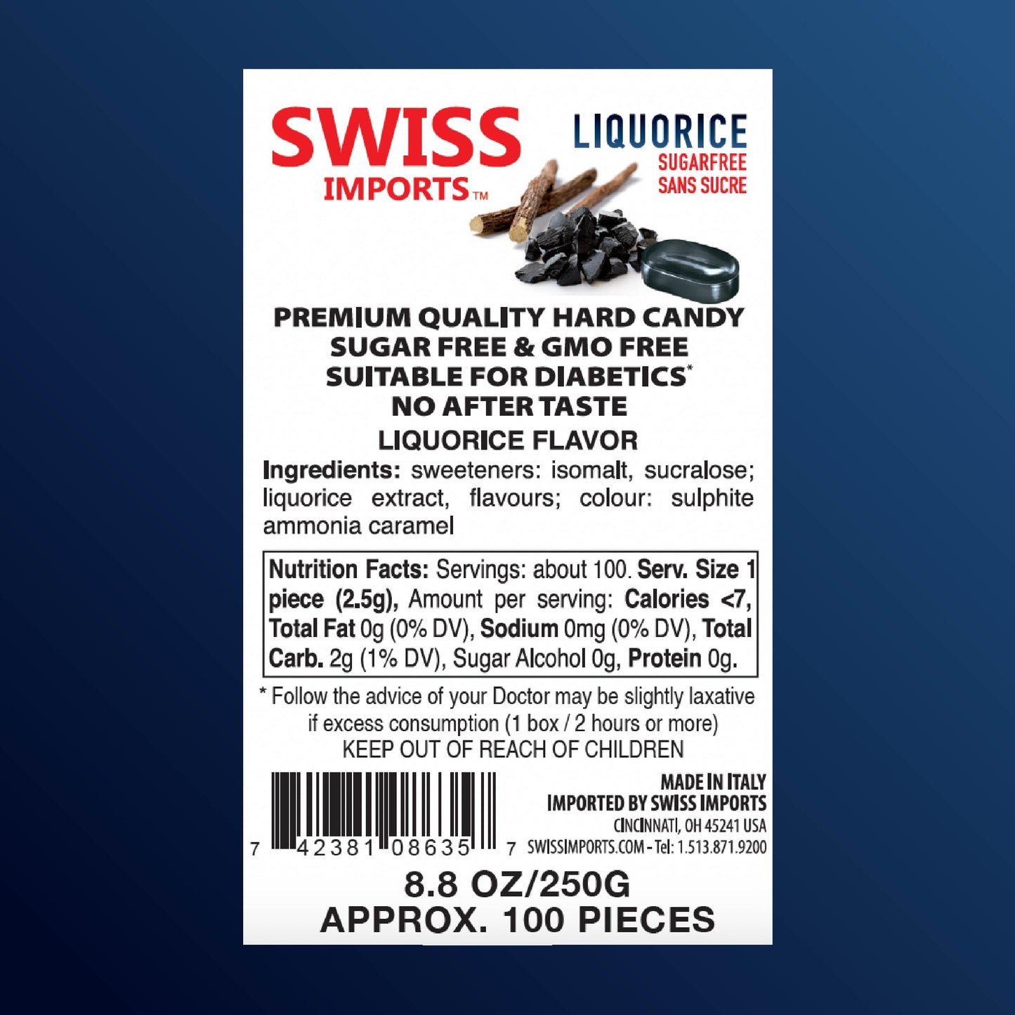 Swiss Imports Sugar Free Bonbons Hard Candy Drops, Licorice, 100 Individually Wrapped Pieces, 250G/8.8Oz