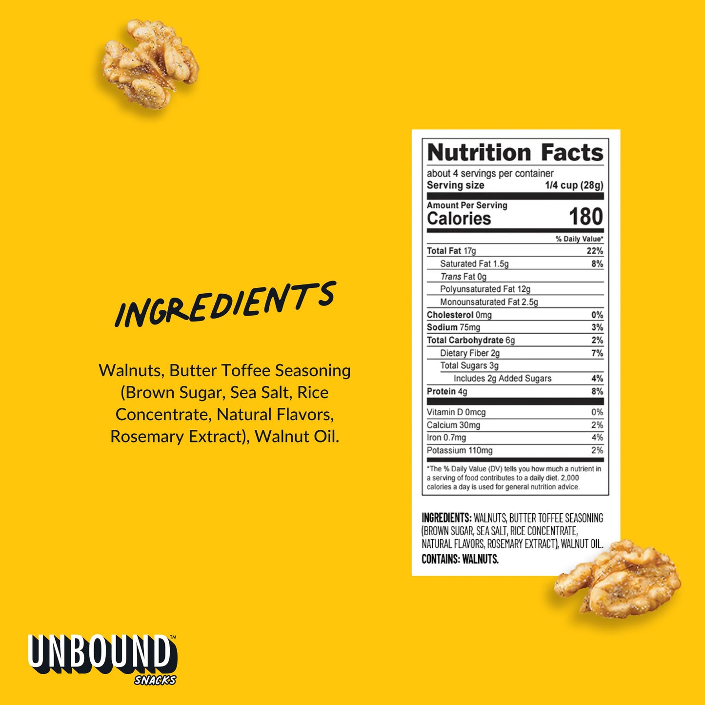 Unbound Snacks Flavored Nuts - Butter Toffee Walnuts, 4 oz (Pack of 4) - Healthy Snacks, 4g Protein, 3g Sugar, High in Omega 3,