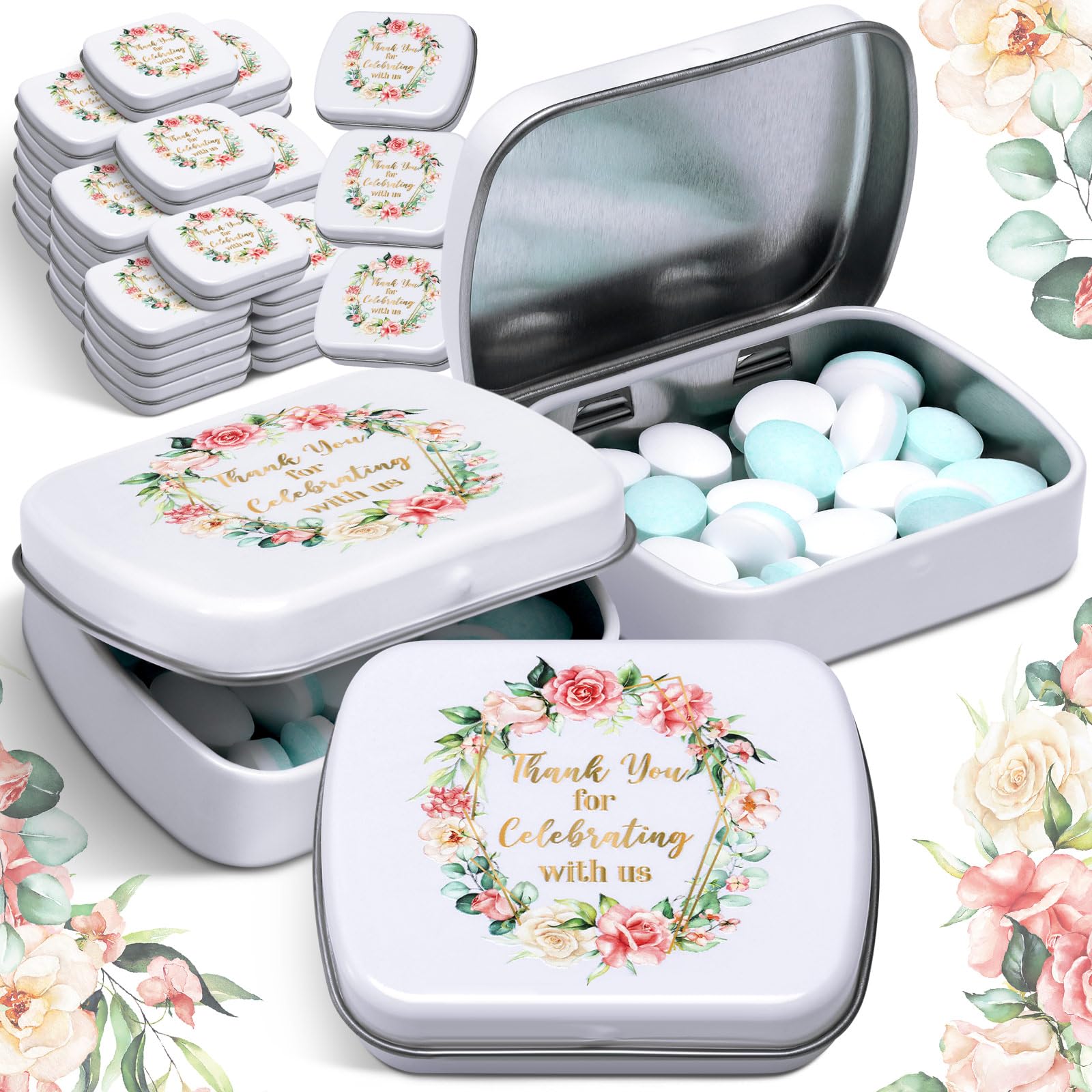 24 Pcs Wedding Mint Tins Bulk Small Tin Box with Lids Mini Rectangle Empty Hinged Tins Wedding Favor Thank You for Celebrating w