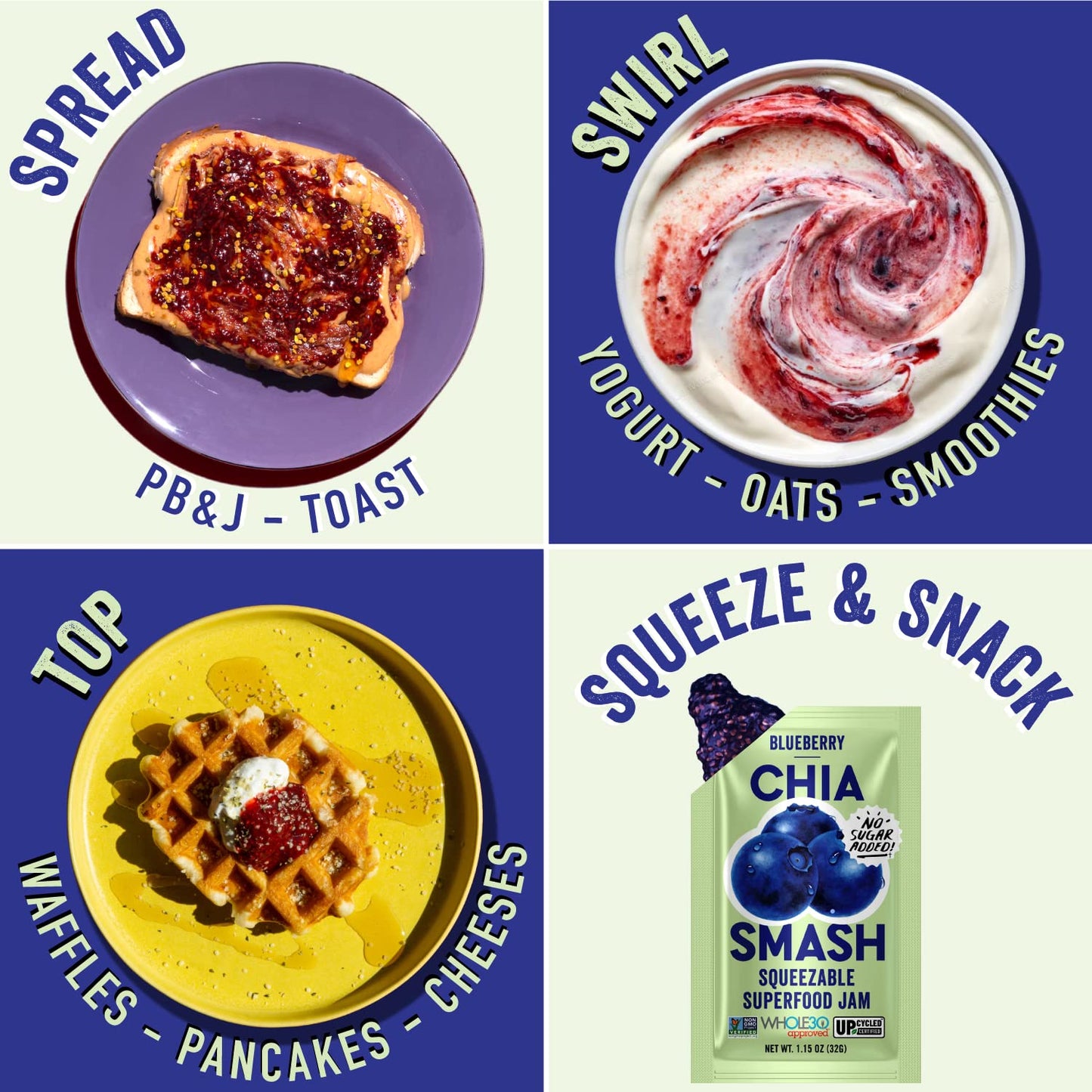 Chia Smash Blueberry Jam Squeeze Packets | Natural, Keto & No Sugar Added | Vegan & Upcycled Fruit Spread | Low-Calorie, Superfo