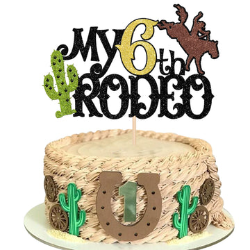 1 Pcs My 6Th Rodeo Cake Topper Brown Glitter Cactus Six Birthday Cake Pick Decoration For Western Little Cowboy Theme Baby Showe