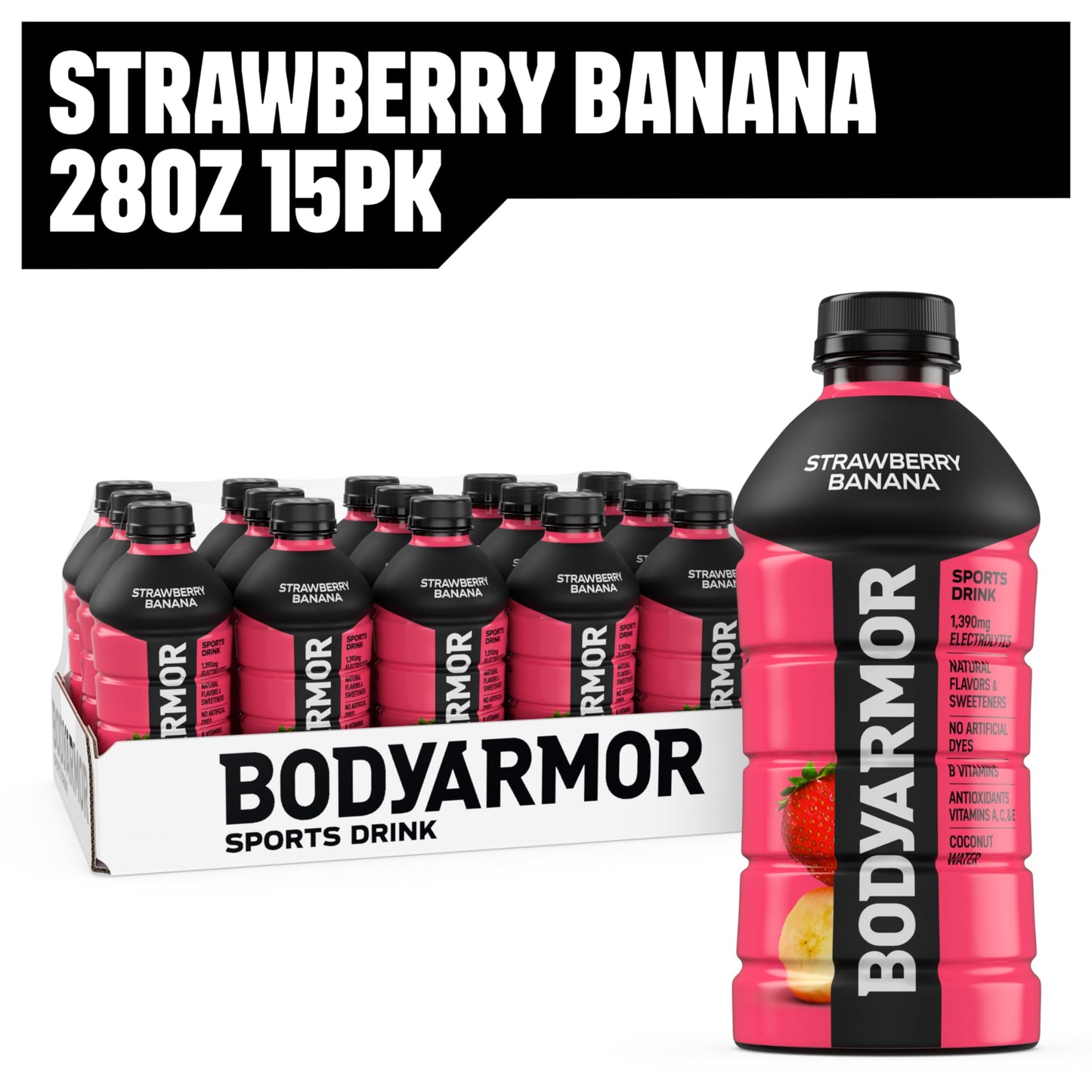 BODYprotective covering Sports Drink  Strawberry Banana  Electrolyte Drink Hydration  28 Fl Oz Bottles (15 Pack)  Flavored Coconut Water with B Vitamins & Antioxidants