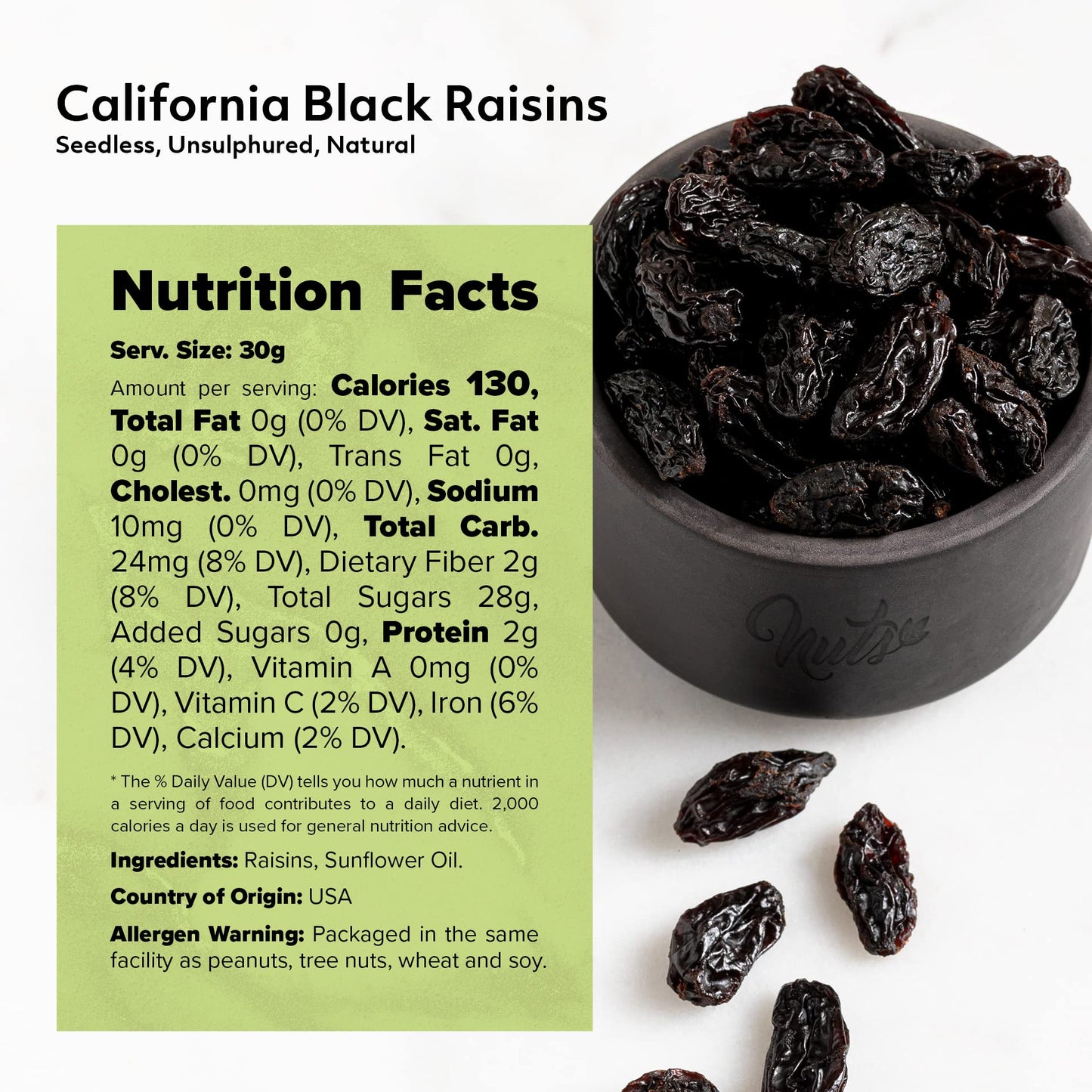 NUTS U.S. California Black Raisins, Unsulphured, Seedless, 100% Natural, No Added Sugar, 2 lbs, Resealable Bag