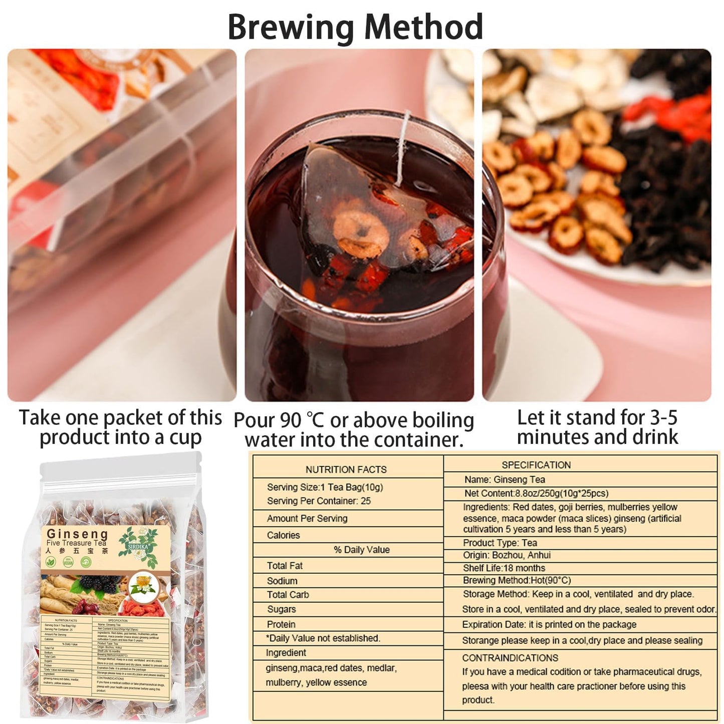 Ginseng Five Treasures Tea - Kidney Tea Wubao Herbal Ginseng Red Date Natural Chinese Cleanse For Men Women, Te De Rion Saludabl